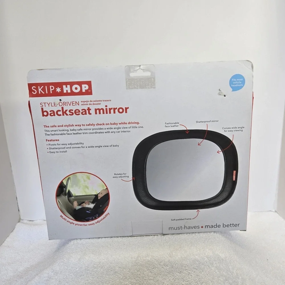 Skip Hop Backseat Mirror, For Rear-facing Car Seat, Black Faux Leather Trim, NIB